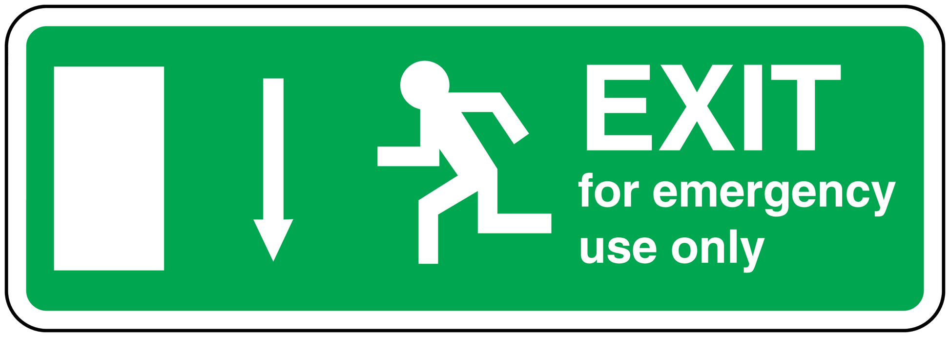 Green emergency exit sticker with white EXIT and arrow figure text 'for emergency use only'