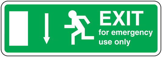 Green emergency exit sticker with white EXIT and arrow figure text 'for emergency use only'