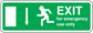 Green emergency exit sticker with white EXIT and arrow figure text 'for emergency use only'
