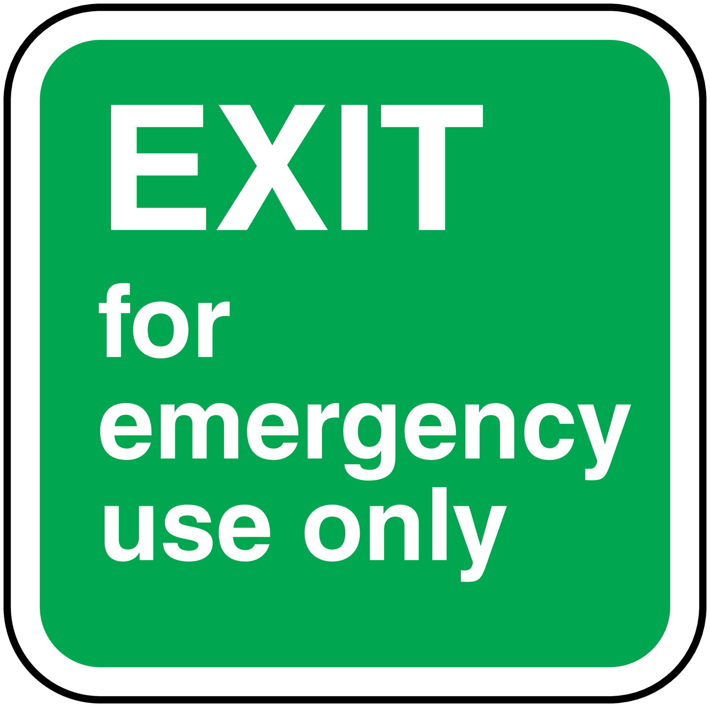 Green sticker with white 'EXIT for emergency use only' text, rounded border