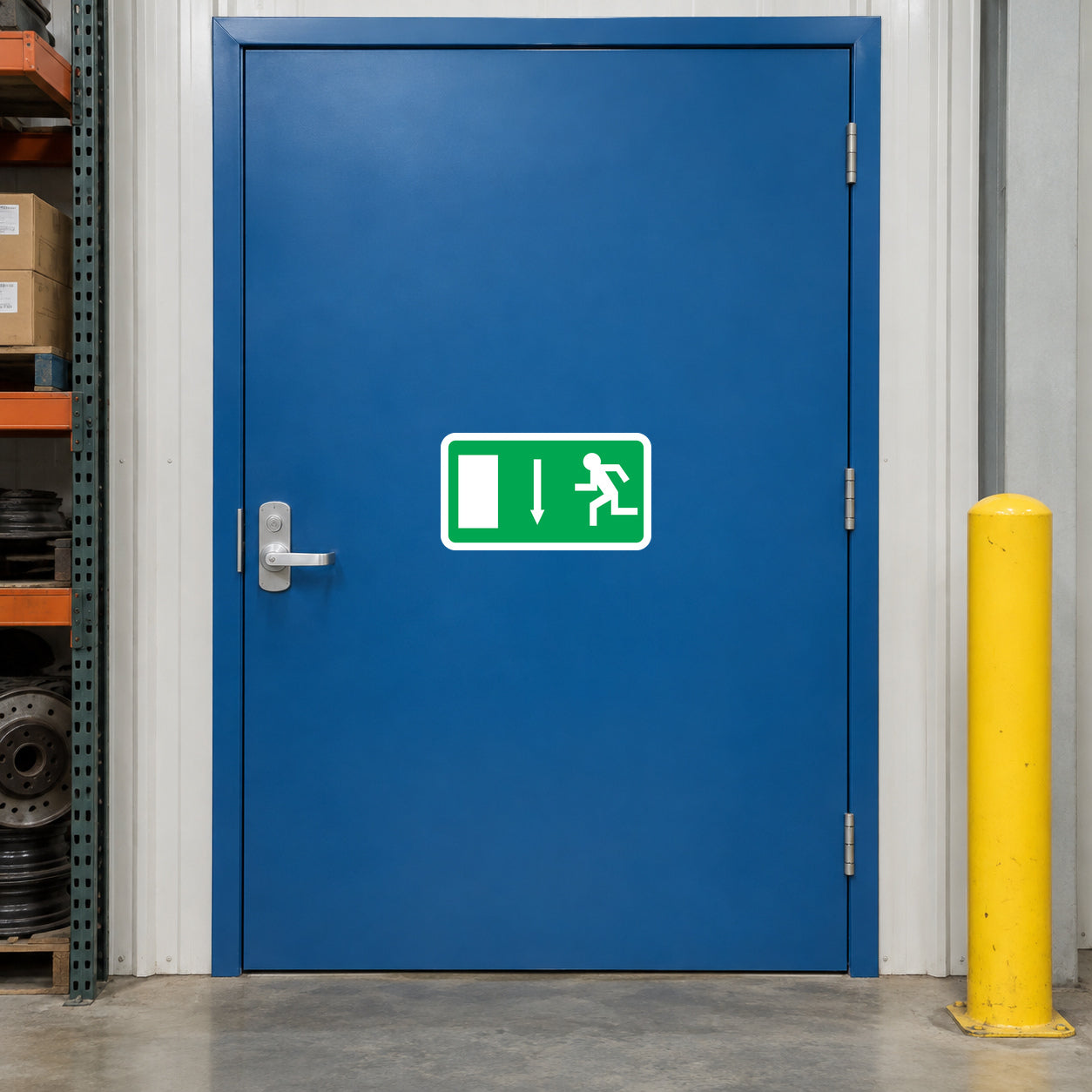 Green door arrow down sticker with icon panel and wheelchair access symbols