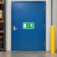 Green door arrow down sticker with icon panel and wheelchair access symbols