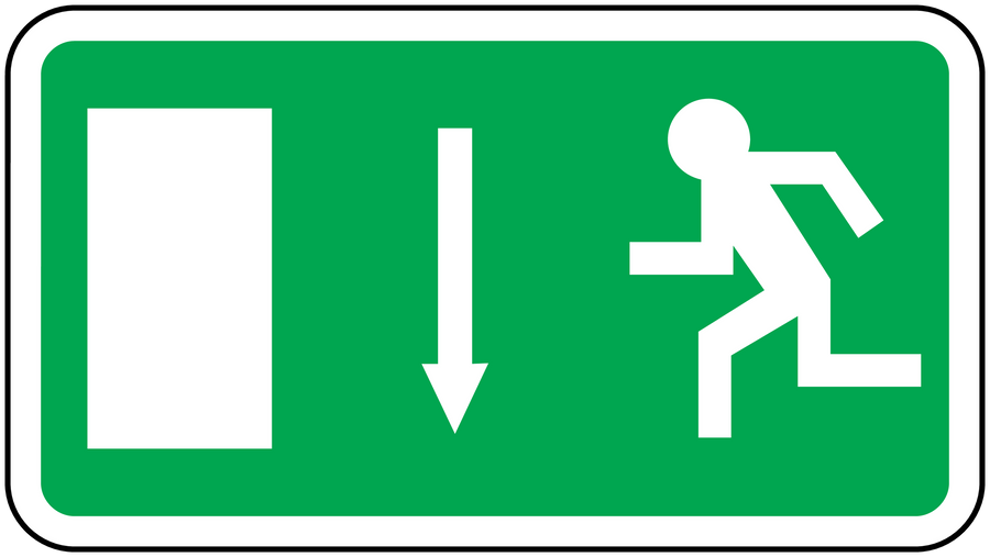 Door downstairs sticker with green sign, white door, down arrow, and descending stairs icon