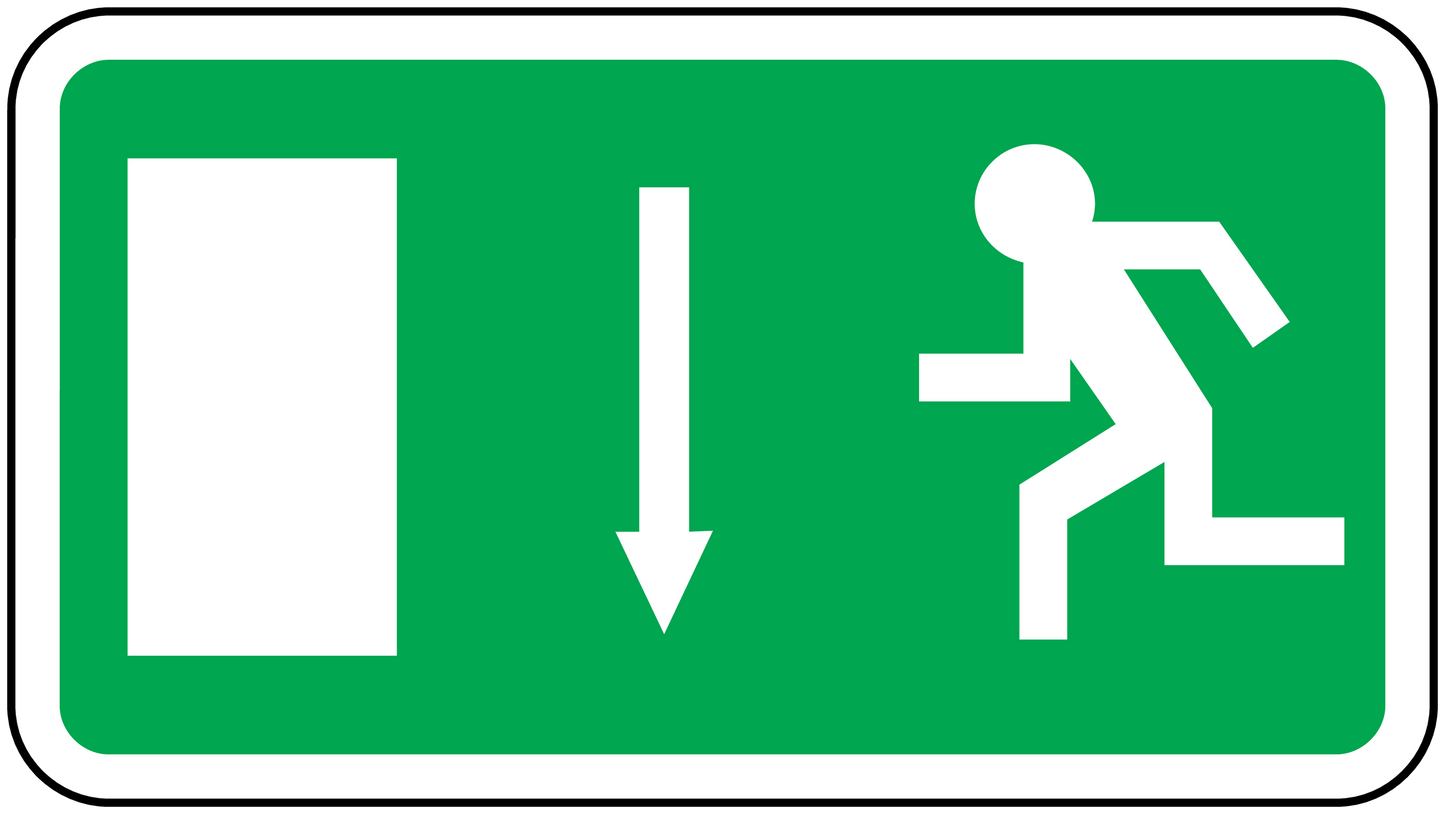 Door downstairs sticker with green sign, white door, down arrow, and descending stairs icon