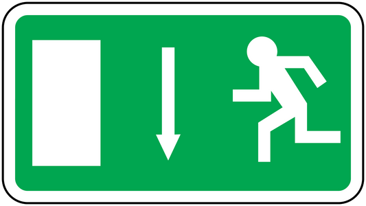 Door downstairs sticker with green sign, white door, down arrow, and descending stairs icon