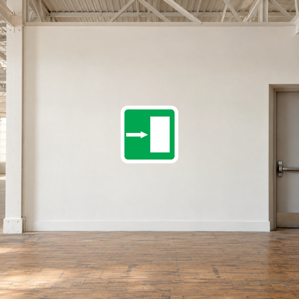 Green door-to-the-right direction sticker with white frame and right arrow icon