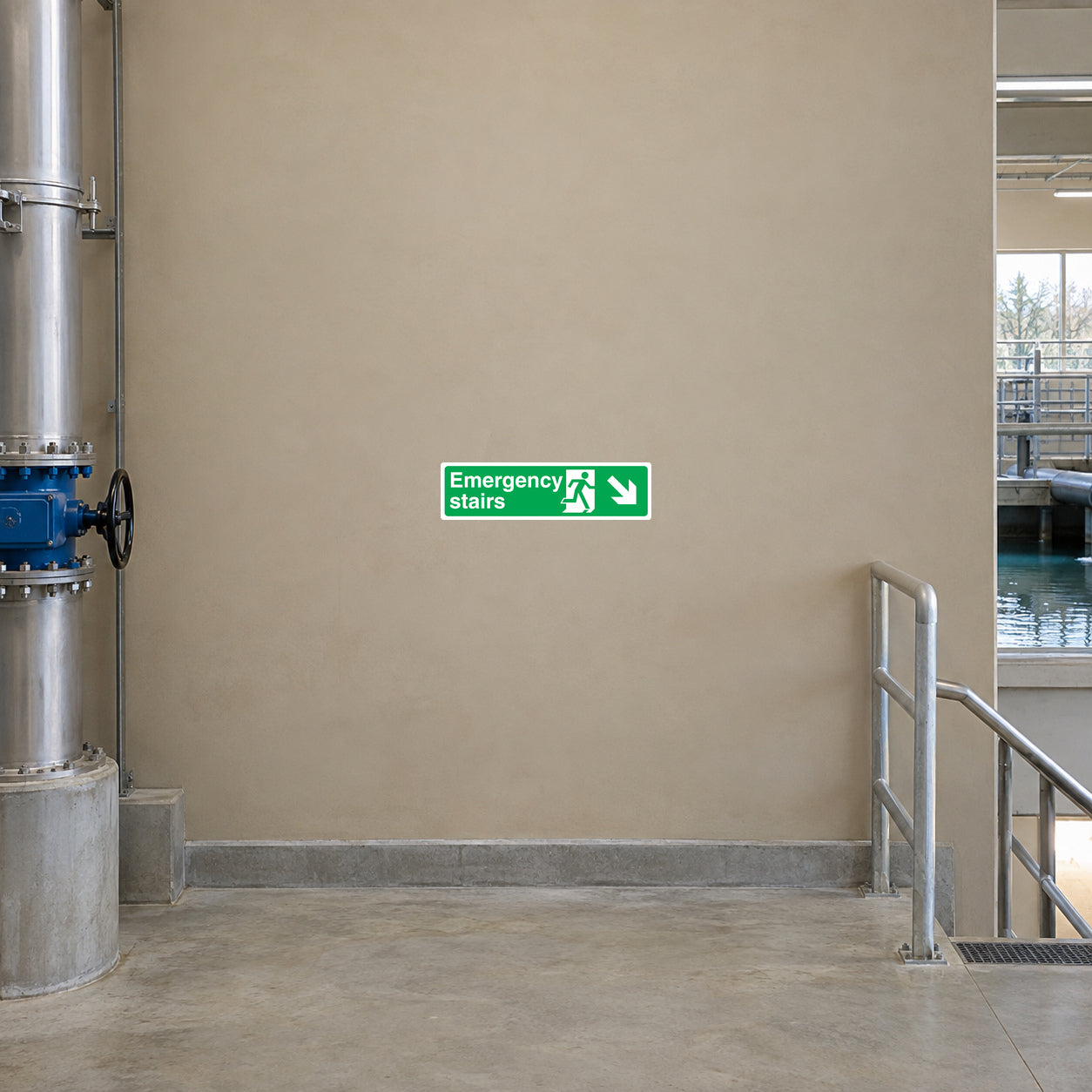 Emergency stairs down right sticker with green sign and right arrow