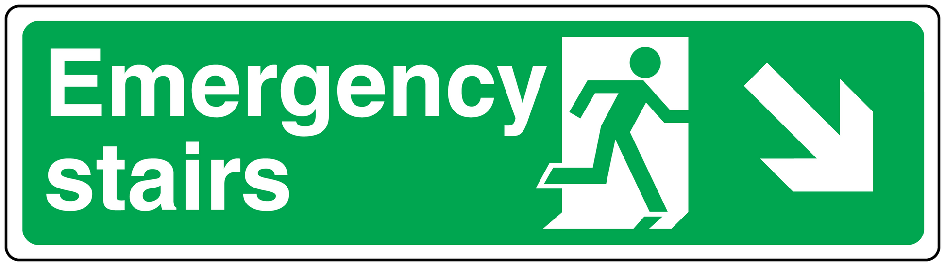 Emergency stairs sticker: green sign with Emergency Stairs text and down-right arrow