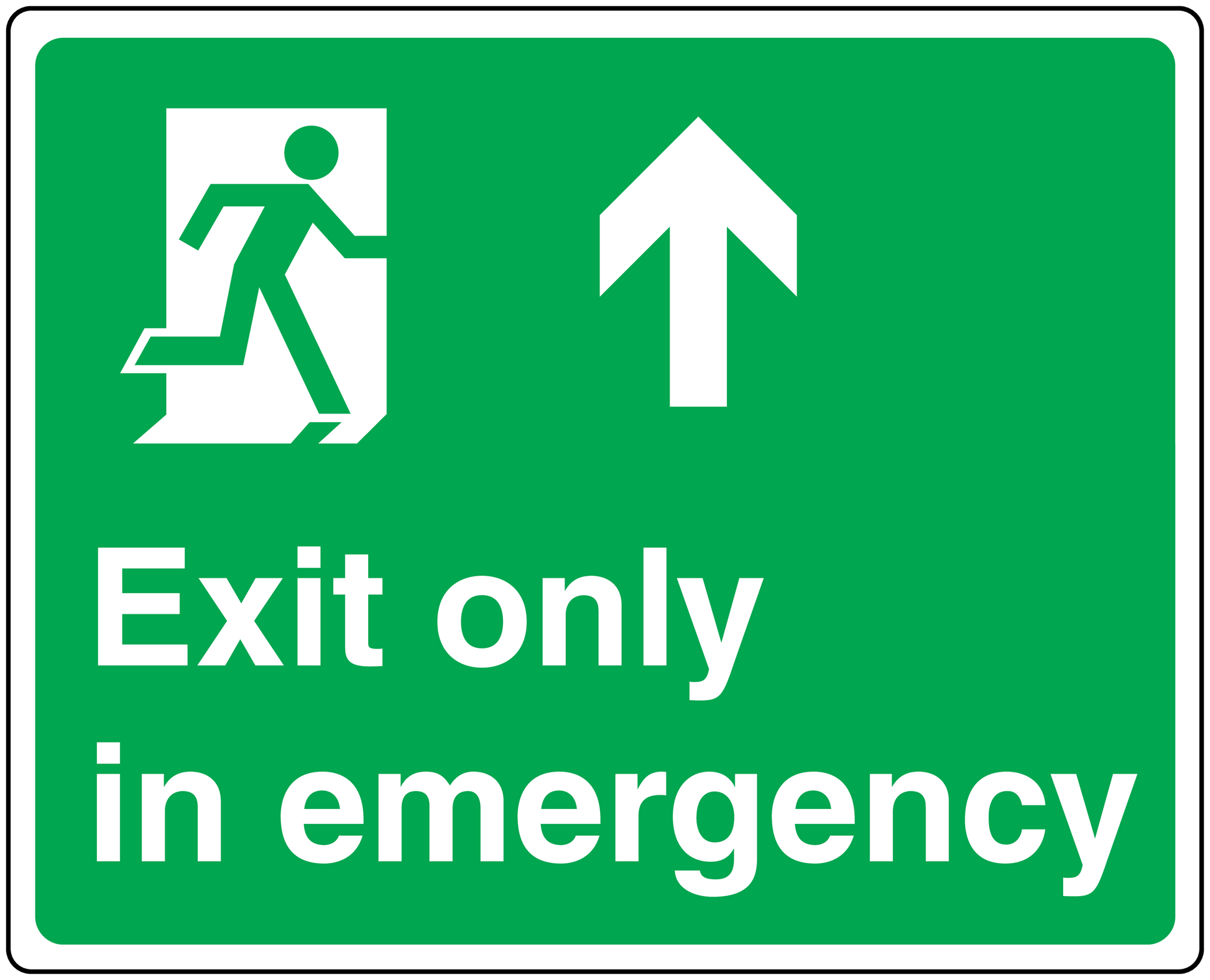 Green emergency exit only safety sticker with running figure, arrow, and text
