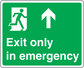 Green emergency exit only safety sticker with running figure, arrow, and text