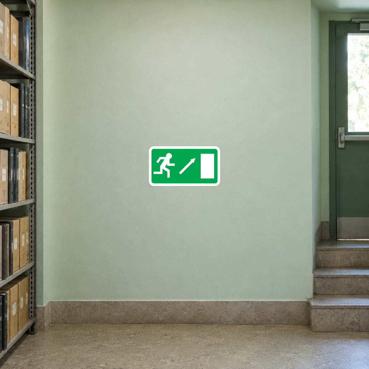 Green emergency door up sticker with running figure and arrow pointing right