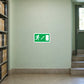 Green emergency door up sticker with running figure and arrow pointing right