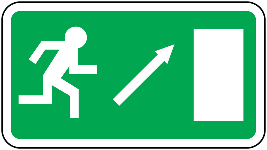 Emergency door up sticker, green rectangle with white upward arrow, door icon, and blank panel