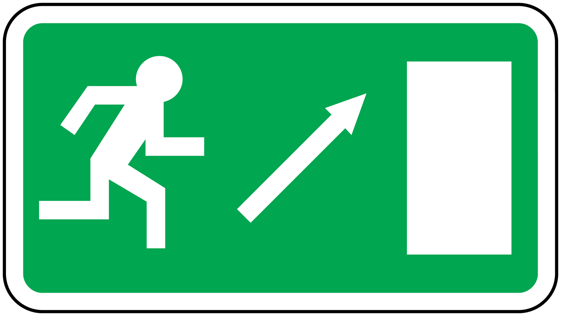 Emergency door up sticker, green rectangle with white upward arrow, door icon, and blank panel