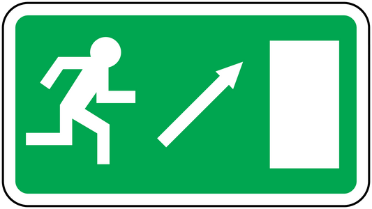 Emergency door up sticker, green rectangle with white upward arrow, door icon, and blank panel
