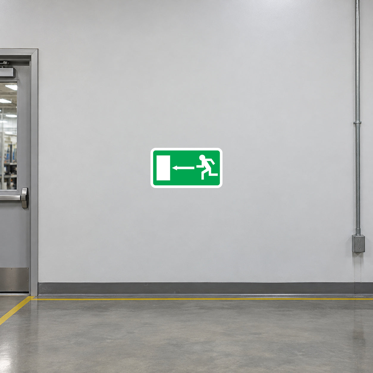 Emergency left door sticker with green directional sign and running figure