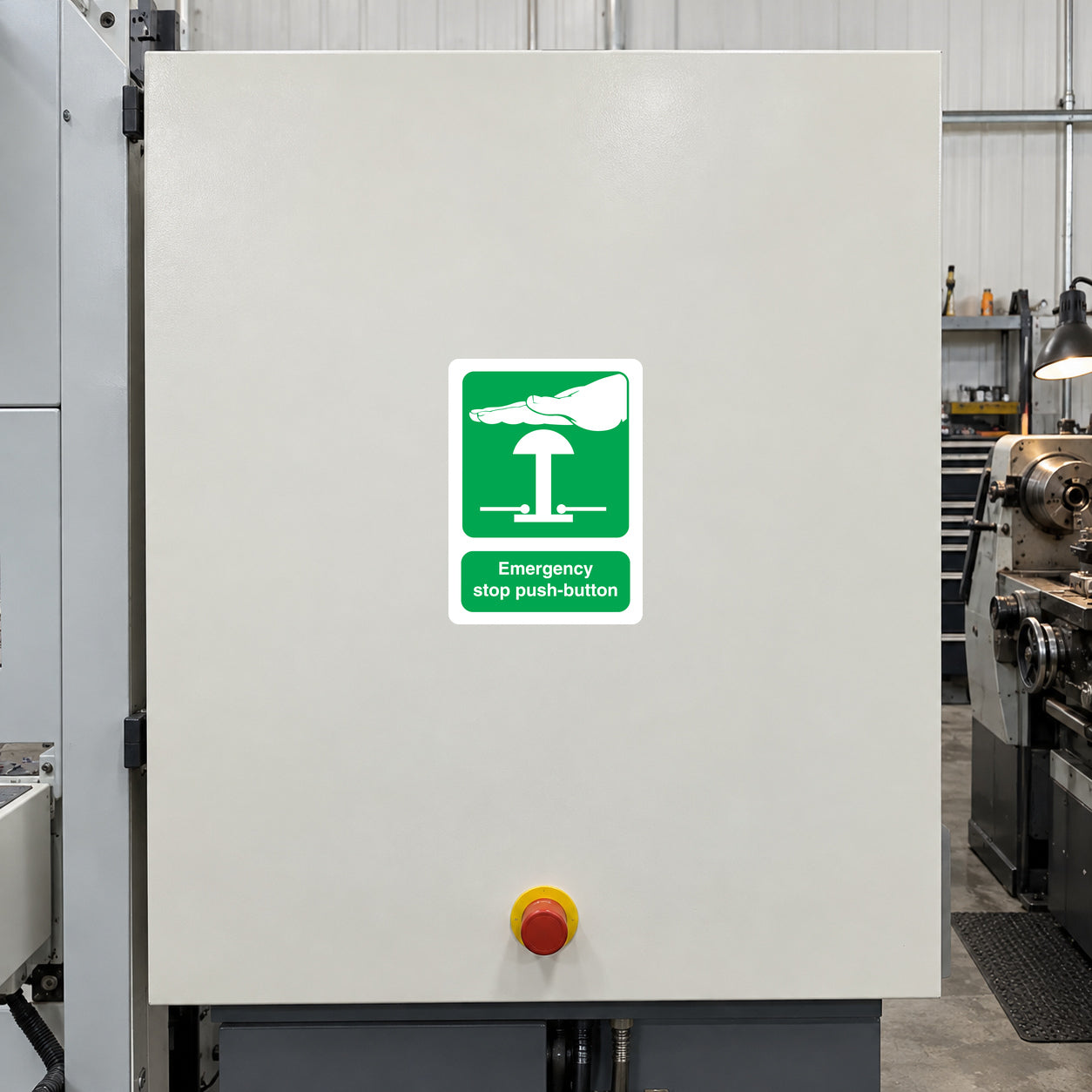 Emergency stop push-button sticker with green icon on white square panel