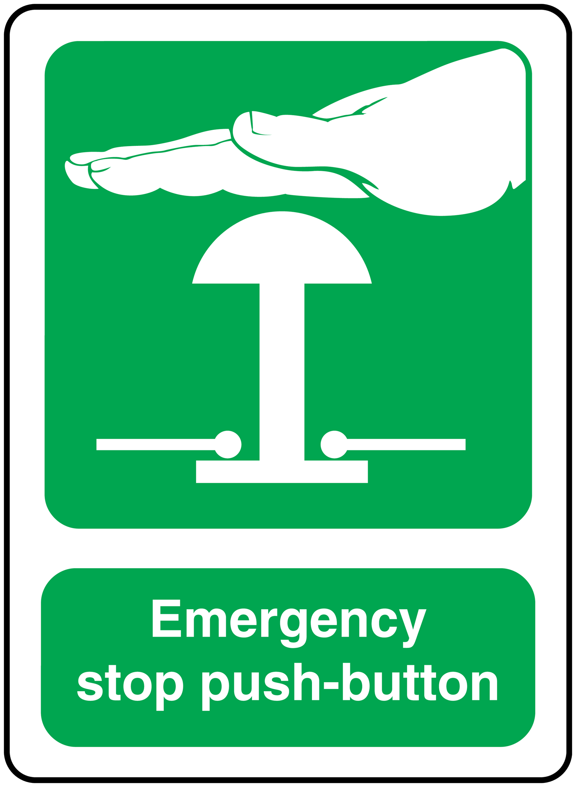 Green emergency stop push-button sticker with hand symbol and white text label