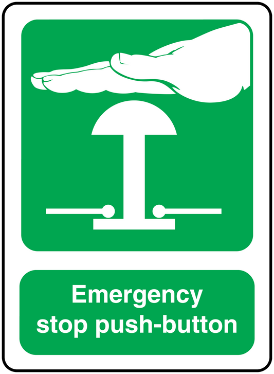 Green emergency stop push-button sticker with hand symbol and white text label