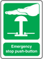 Green emergency stop push-button sticker with hand symbol and white text label