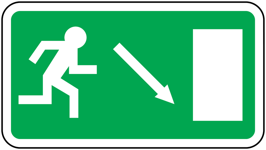 Emergency downstairs door safety sticker, green background with white exit symbols
