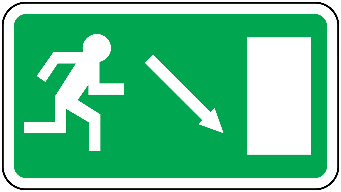 Emergency downstairs door safety sticker, green background with white exit symbols