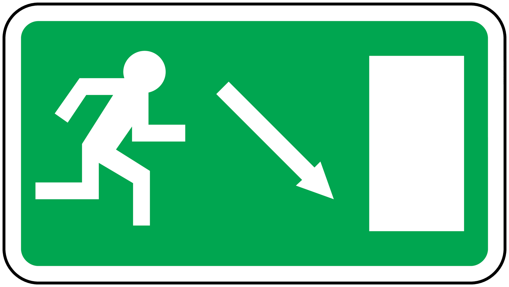 Emergency downstairs door safety sticker, green background with white exit symbols