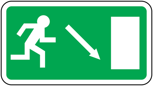 Emergency downstairs door safety sticker, green background with white exit symbols