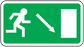 Emergency downstairs door safety sticker, green background with white exit symbols