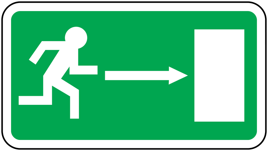 Emergency door sticker with white arrow pointing to door icon on green background