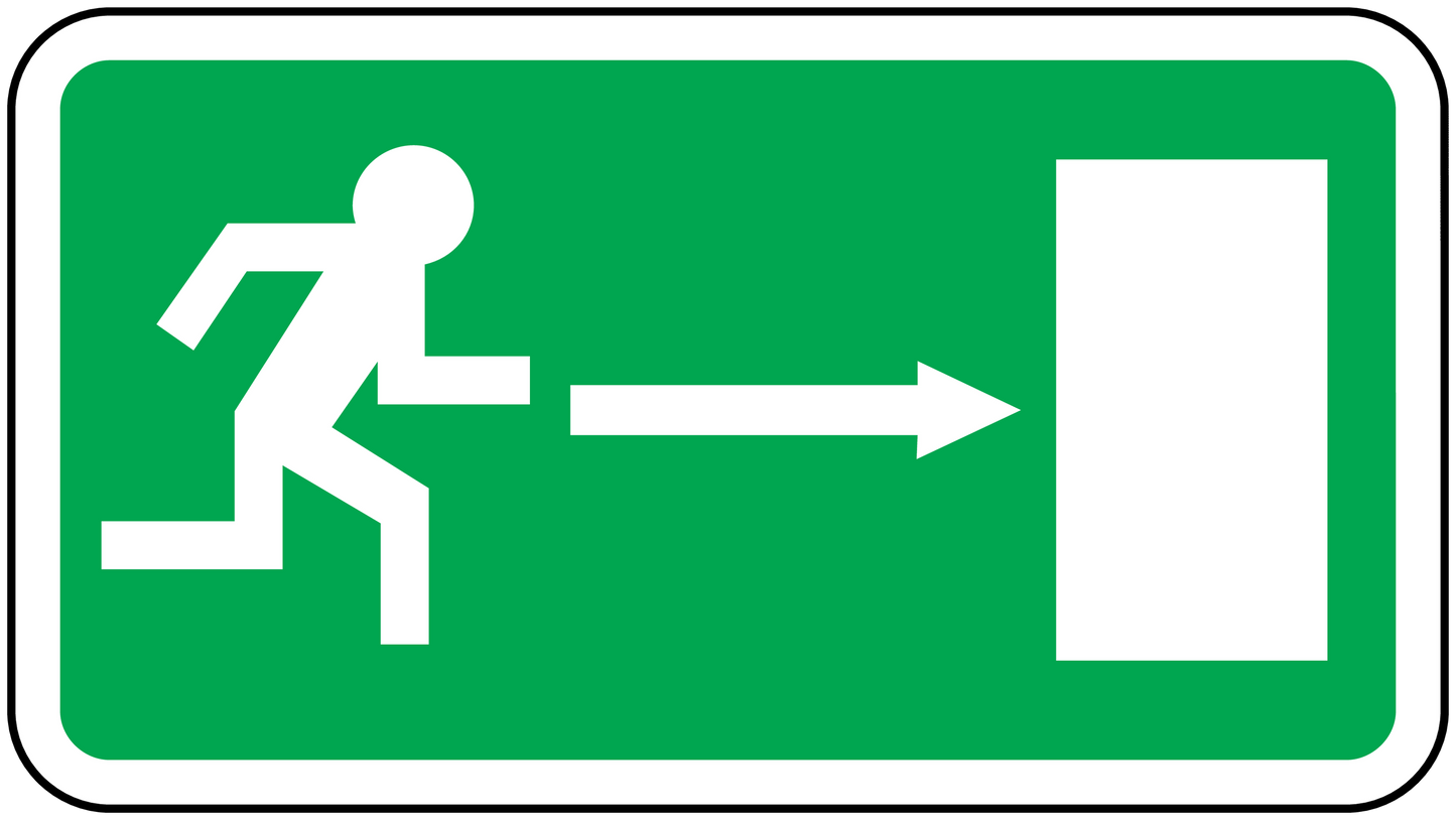 Emergency door sticker with white arrow pointing to door icon on green background
