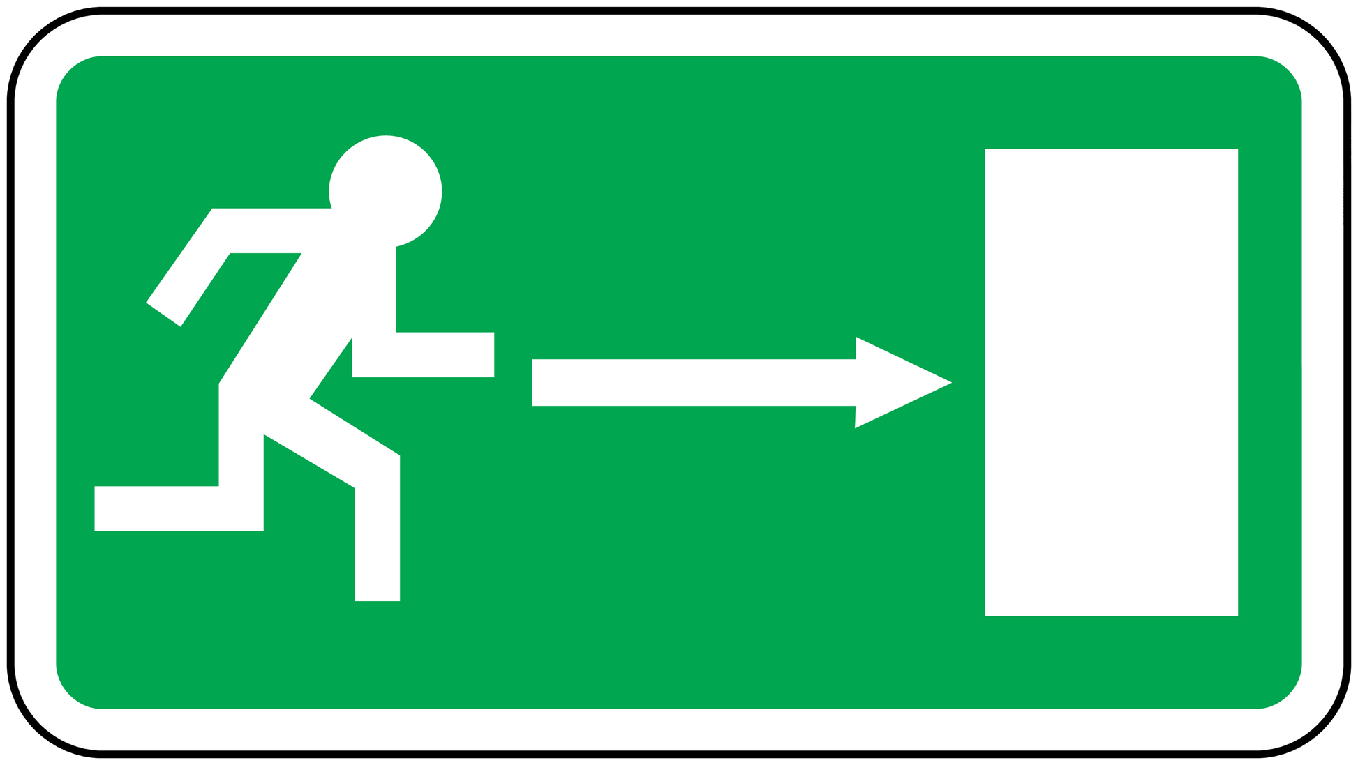 Emergency door sticker with white arrow pointing to door icon on green background