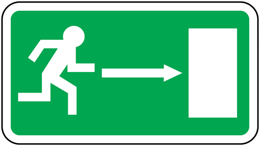 Emergency door sticker with white arrow pointing to door icon on green background