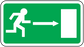 Emergency door sticker with white arrow pointing to door icon on green background