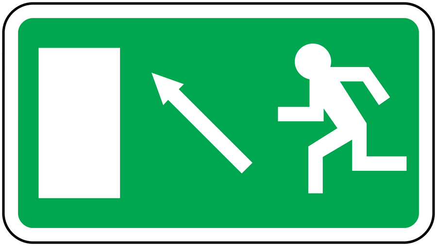 Emergency door upstairs sticker, green sign with upward arrow and running person