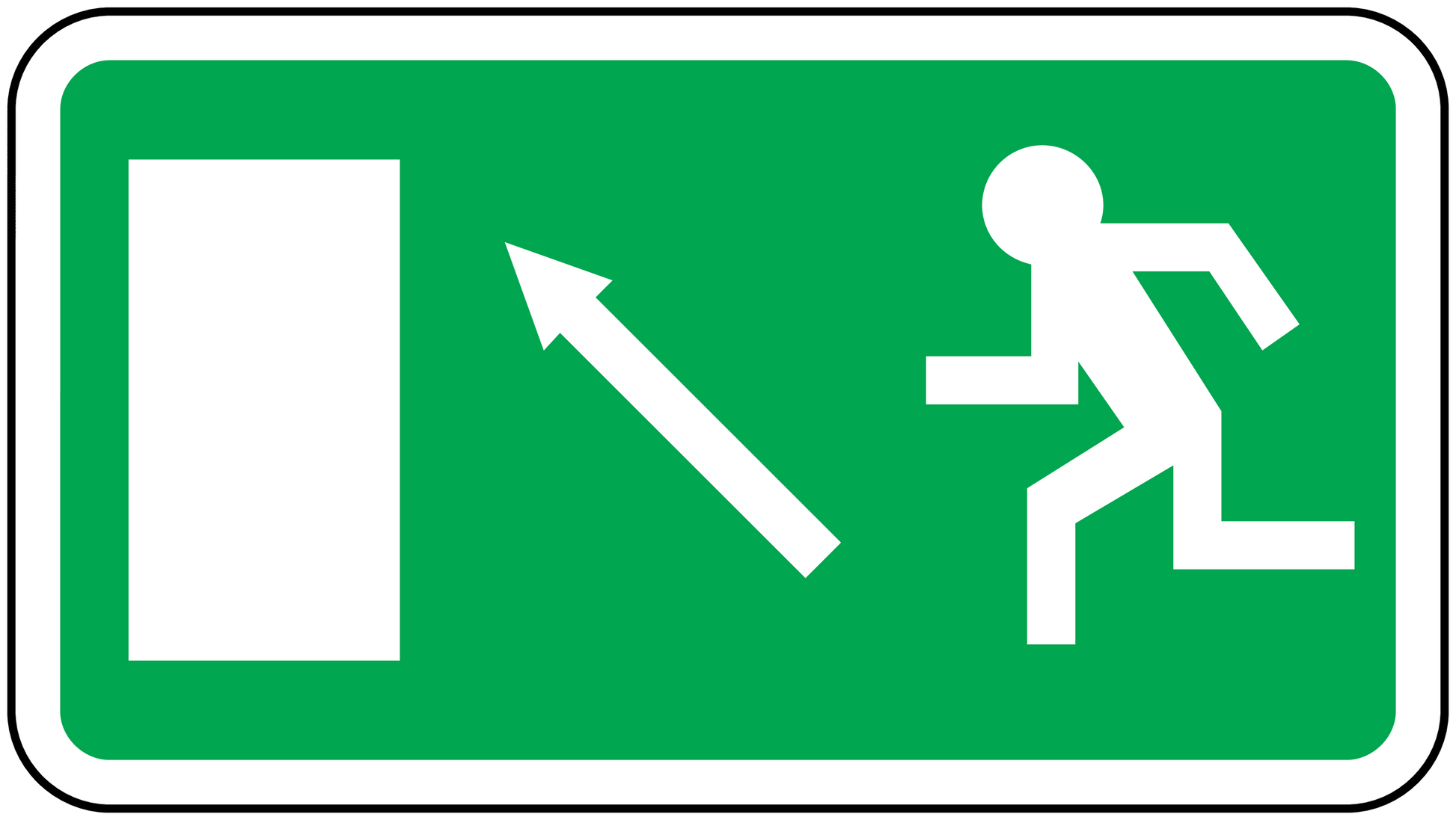 Emergency door upstairs sticker, green sign with upward arrow and running person