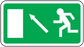 Emergency door upstairs sticker, green sign with upward arrow and running person