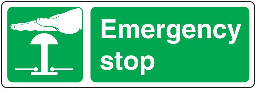Emergency stop safety sticker, green with white stop icon and text