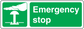 Emergency stop safety sticker, green with white stop icon and text