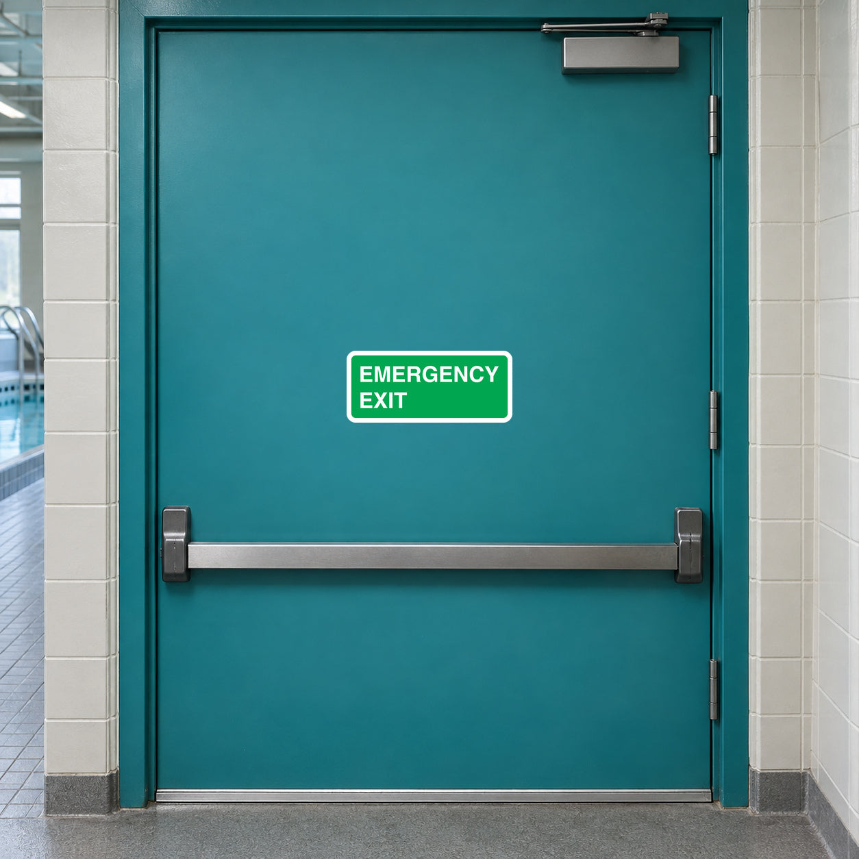 Green emergency exit rectangle sticker with white text