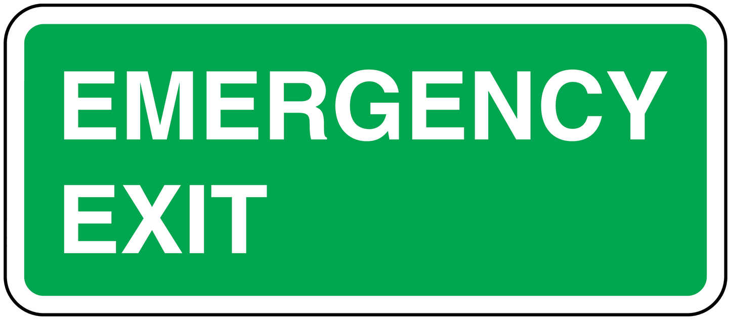 Emergency exit rectangular sticker, green background with white text and border