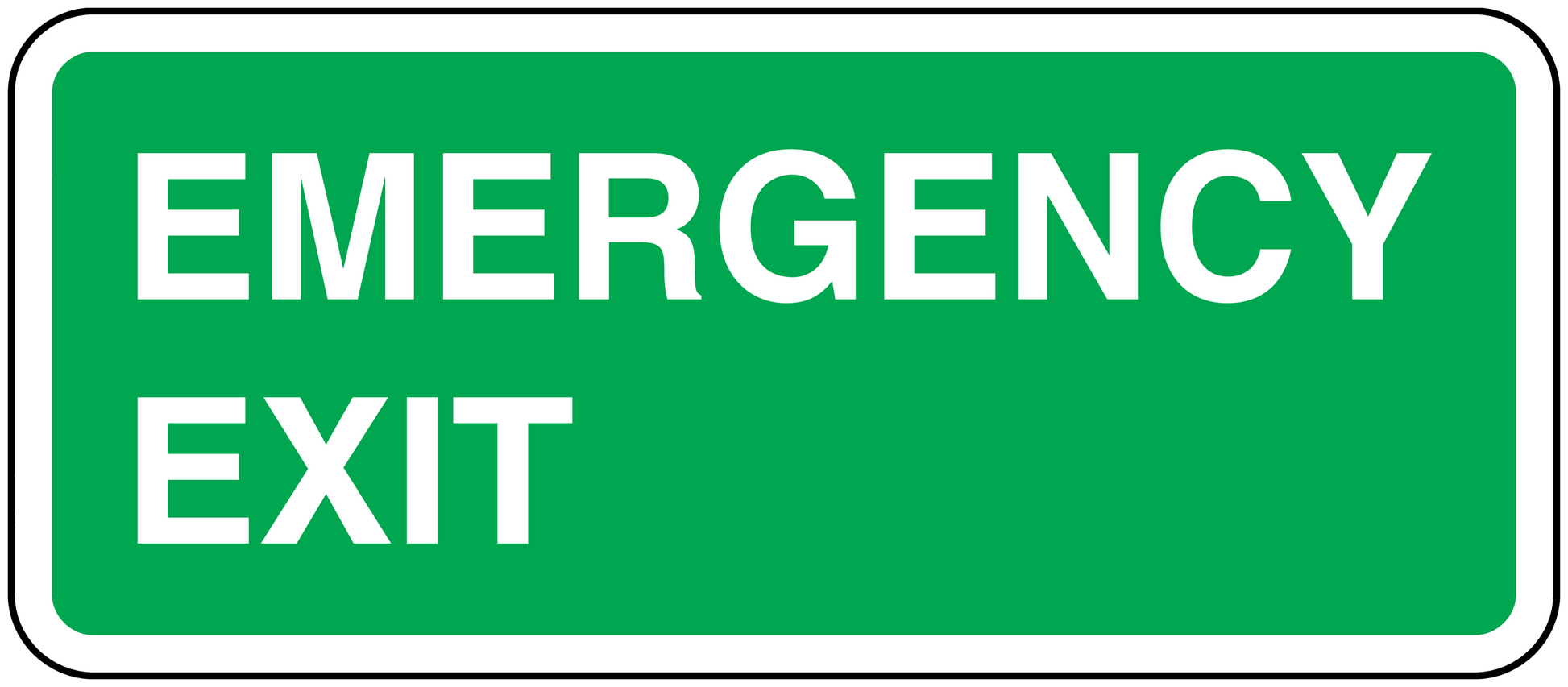 Emergency exit rectangular sticker, green background with white text and border