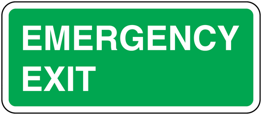 Emergency exit rectangular sticker, green background with white text and border