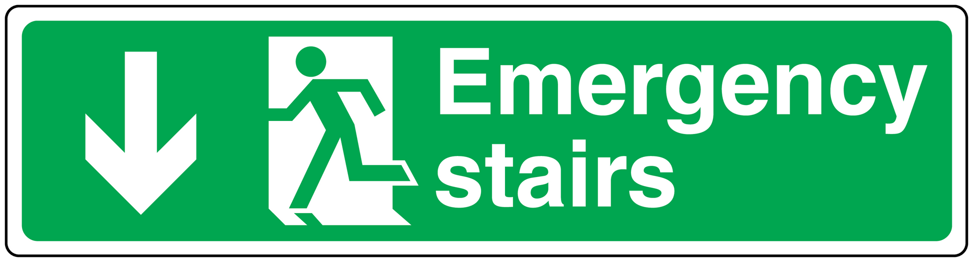 Emergency stairs down sticker with green background, white down arrow, and running figure