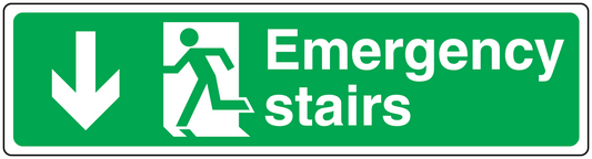 Emergency stairs down sticker with green background, white down arrow, and running figure
