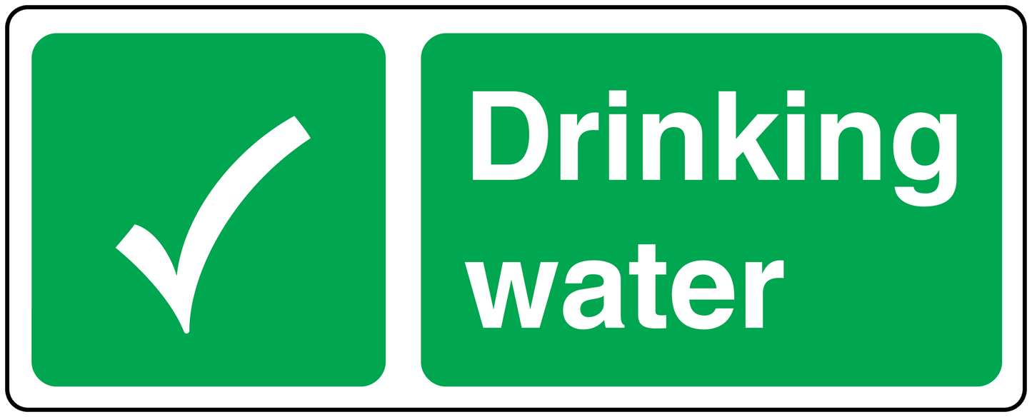 Drinking water sticker: white checkmark and 'Drinking water' on green