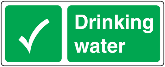 Drinking water sticker: white checkmark and 'Drinking water' on green