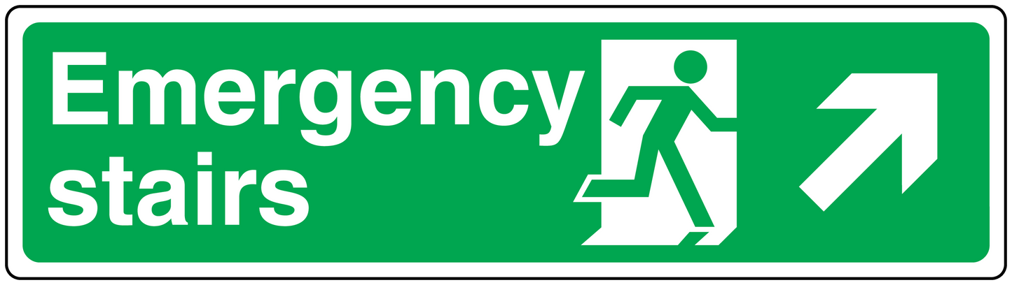 Emergency stairs up right sticker with green sign, white text, running man and arrow icon
