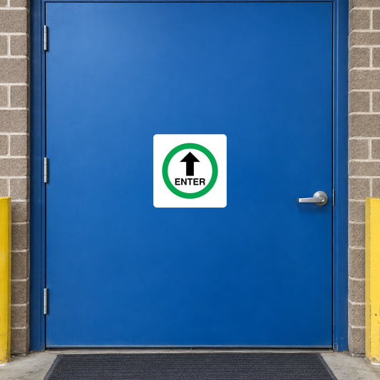 White square door sticker with green circle up arrow and ENTER text