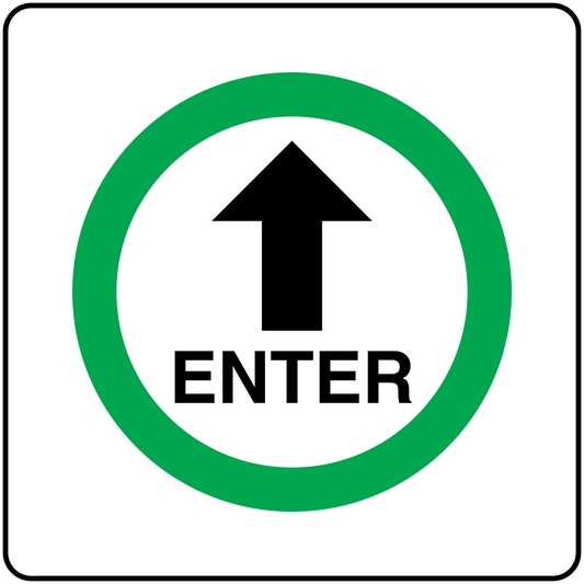 Enter sticker with green ring, black upward arrow, and bold “ENTER” text